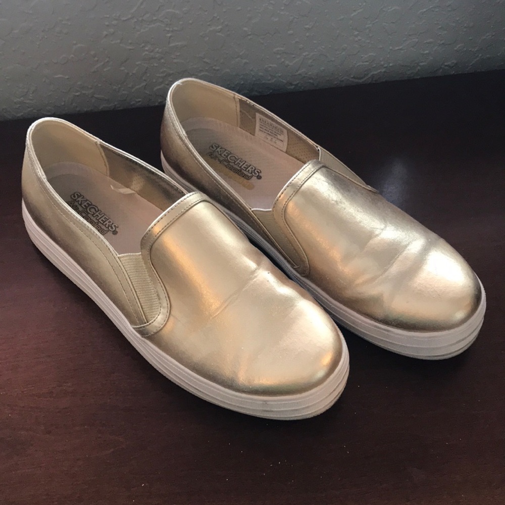 Gold slip on double decker sketcher sneakers